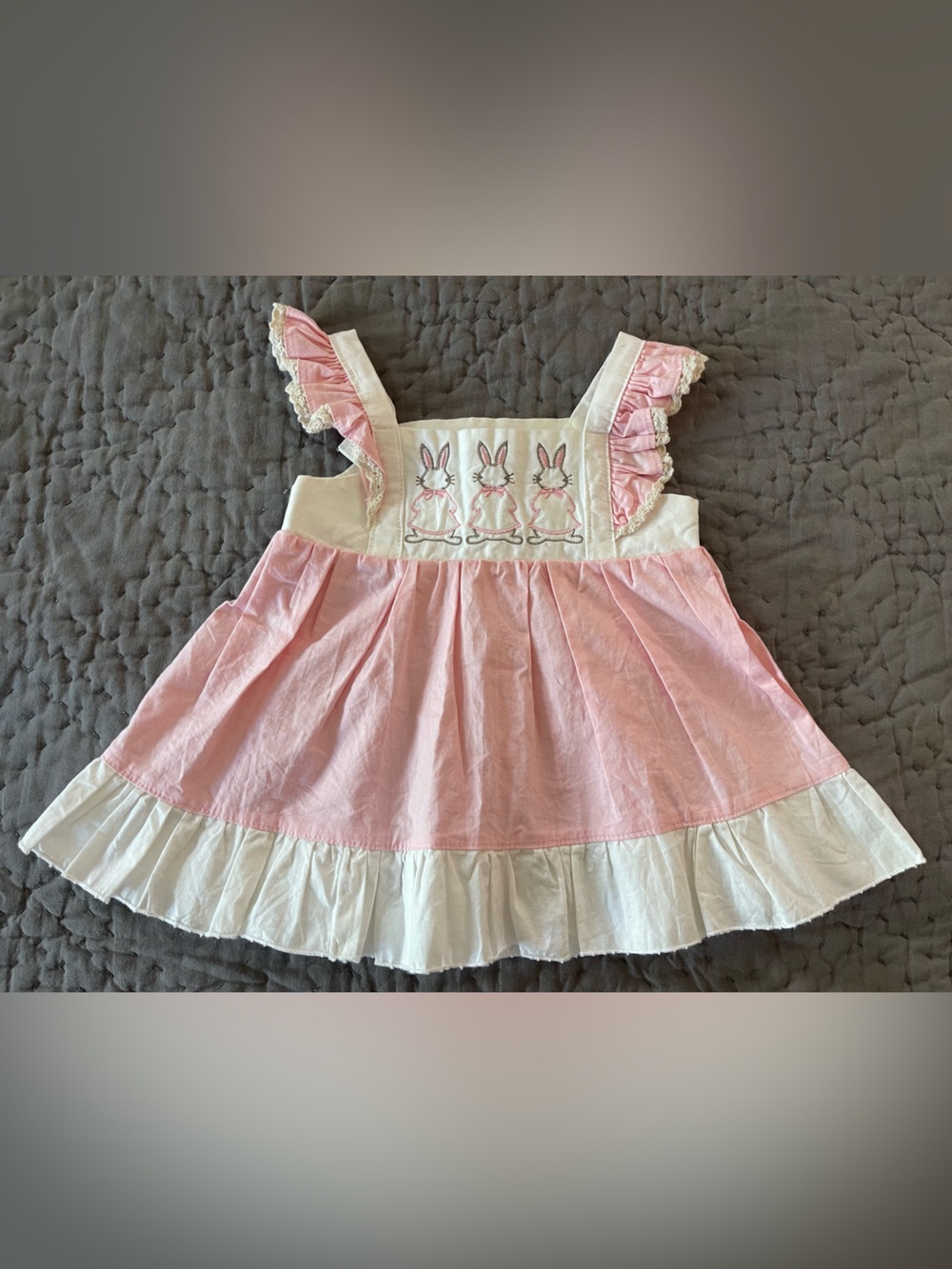 Vintage Handmade Pink White Bunny Appliqué Girls' Dress Approx Sz 2T Cottagecore